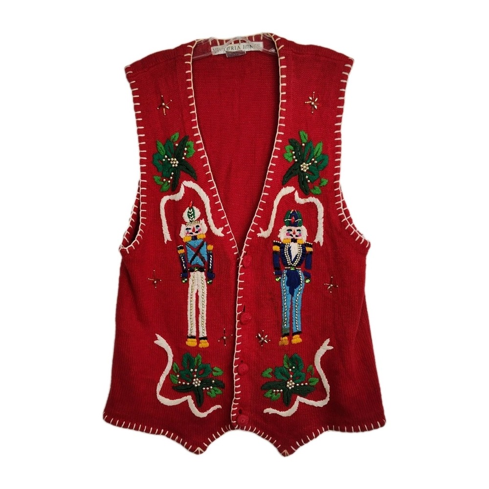 VTG Victoria Jones Christmas Sweater Vest Women's L‎ Red Beaded Read Desc.